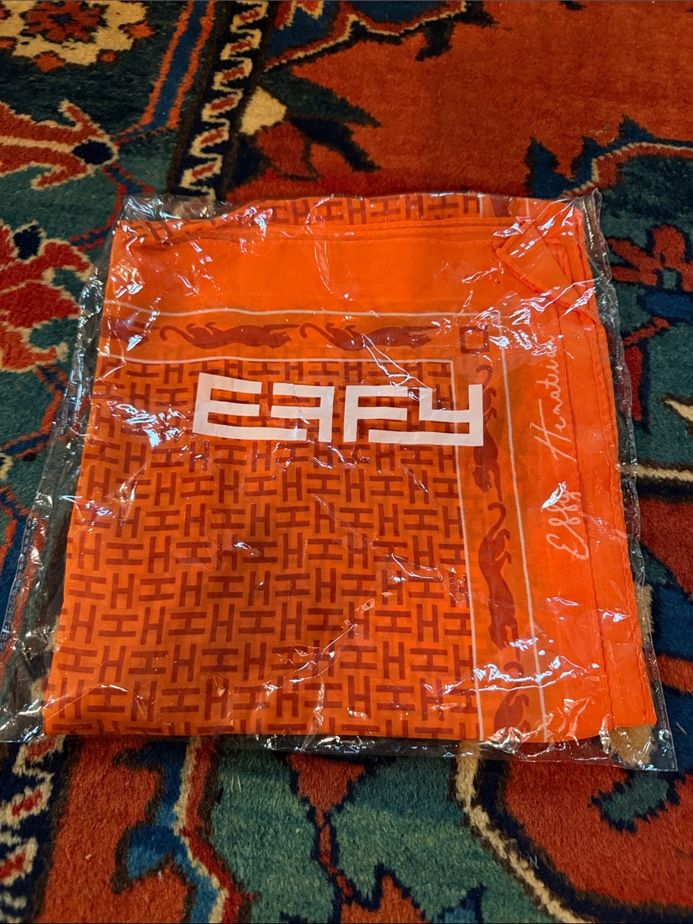 Effy Hematian Orange Geometric Checkerboard Monogram Scarf NEW